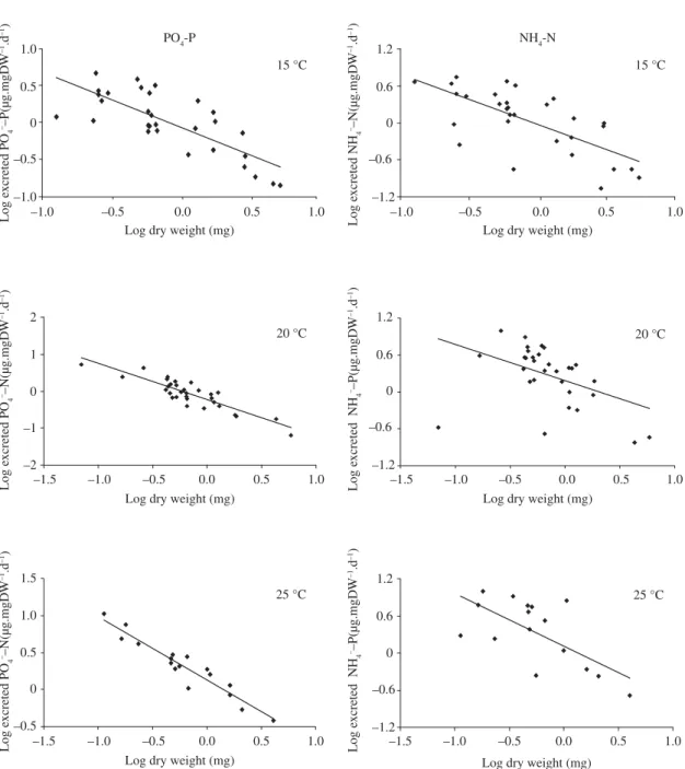 Table 4. Regression equations of phosphate and ammonia excretion rates (Mg.mgDW.d –1 ) of Chironomidae larvae as a func- func-tion of temperature.