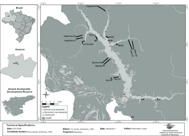 Figure 1.  Communities  location  and  diurnal  and  nocturnal  transects  in ASDR.  Communities  on  terra-firme  with  igapó  associated environments: BE – Boa Esperança; BJB – Bom Jesus do Baré