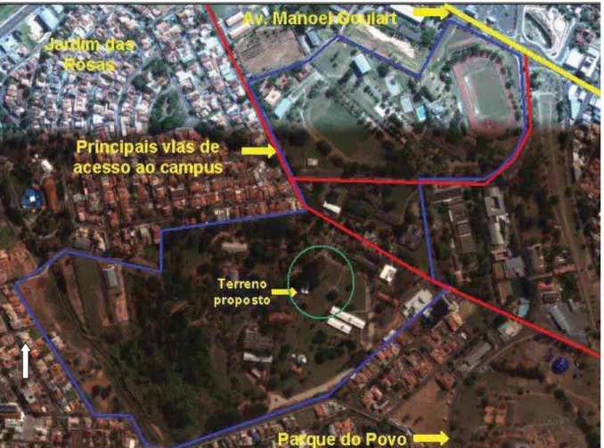 Figura 12: Delimitação do campus da UNESP Presidente Prudente e localização da área escolhida