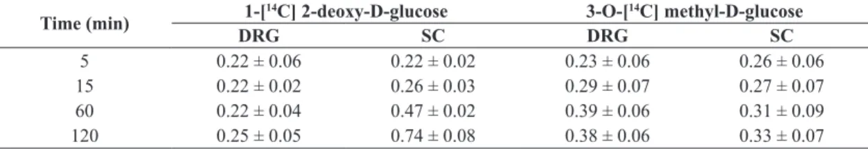 Table 1. Uptake of 1-[ 14 C] 2-deoxy-D-glucose and 3-O-[ 14 C] methyl-D-glucose by dorsal root ganglia (DRG) and spinal  cord (SC) from naive frogs.