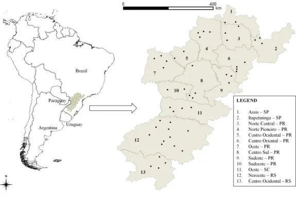 Figure 1. Study region in southwestern Brazil comprising parts of southernmost states of PR- Paraná, SC- Santa Catarina,  SP – São Paulo and RS – Rio Grande do Sul