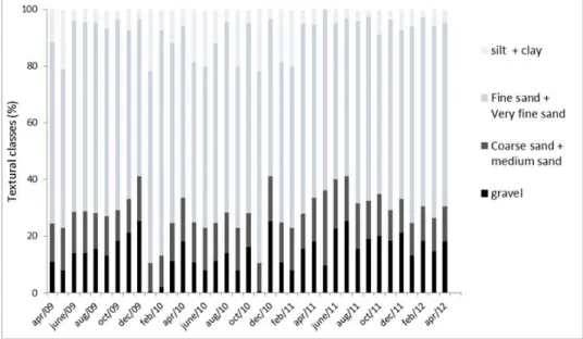 Figure 4.  Frequency (%) of sediment textural classes during the study period.