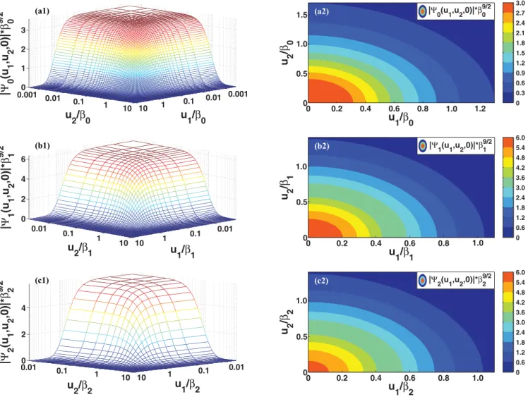 FIG. 10. (Color online) The magnitude of the 4B total wave function (u 1 ,u 2 ,u 3 ) as a function of u 1 and u 2 , with u 3 = 0, for the scale ratio μ 4 /μ 3 = 50
