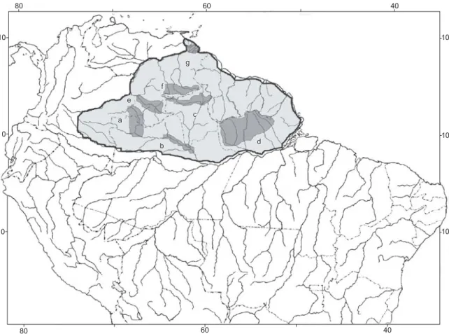 Figure 1. Map of the Northern South America, highlighting the Guayana Shield region as defined in this paper and the priority areas suggested for conservation  and further research of decapod crustaceans: a) Upper Rio Negro; b) Middle Rio Negro; c) Upper R