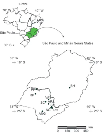 Figura 1. Localização dos dez fragmentos de floresta estacional semidecidual  estudados no sudeste do Brasil