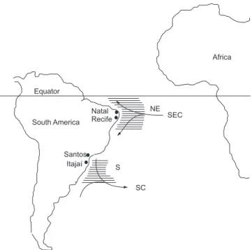 Figure 1. Sample areas (shaded), where stomachs from Prionace glauca were  collected in the southern (S) and northeastern (NE) regions, with respective  landing harbors