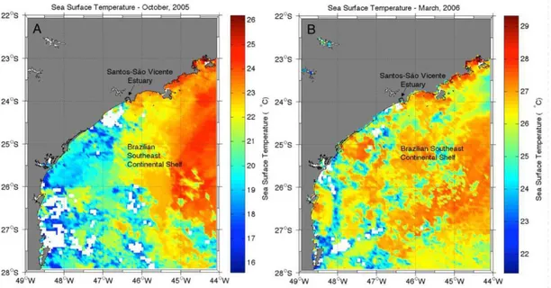 Fig.  10.  Sea  surface  temperature  (SST)  8-day  average  compositions derived  from  MODIS/Aqua  sensor,  with a  4  km  spatial  resolution: 12-16 October, 2005 (a) and 22- 29 March, 2006 (b)
