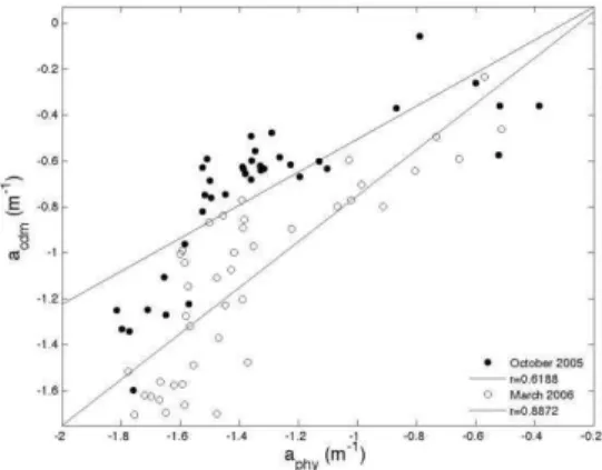 Fig. 13. Scatter plot between a cdm  (m- 1 ) and a phy  (m -1 )  (both  in  log  scale)  for  October  2005  (dots)  and  March  2006  (circles),  and  their  respective  linear  adjustments, for n=47