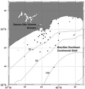 Fig. 1. Sampling grid for October 2005 and March 2006 on  the  inner  continental  shelf  off  Santos  estuary,  Southeastern  Brazil