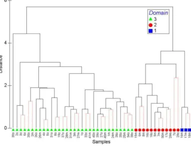 Fig. 2. Cluster tree obtained by HCA analysis for the dataset comprising 49 stations  from both sampling campaigns, using R rs  spectra between 407 and 752 nm as input