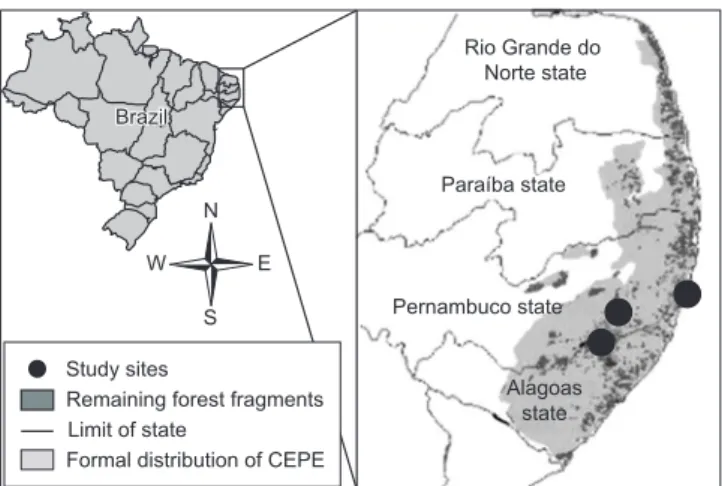 Figure 1. Location of the Pernambuco Endemism Center and of the three  main study sites where the 12 fragments are located.