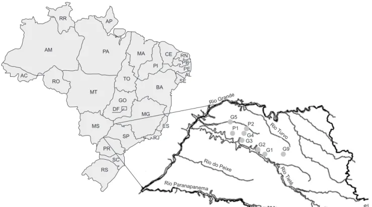 Figure 1. Brazilian map showing São Paulo State with the locations of the studied reservoirs, in the northwestern region of the State.