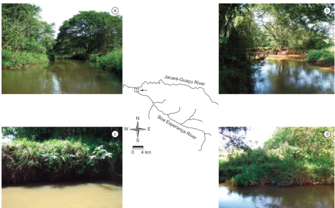 Figure 2. Location of the study area in the Boa Esperança River basin (black arrow). a) upstream view of the study area; b) downstream view of the study  area; c) left margin; d) right margin.