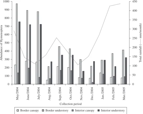 Figure 6. Temporal variations of the abundance of Hymenoptera parasitoids in the canopy and the understory and on the  border and in the interior (500 m) in the reserve at km 41, Manaus, AM.