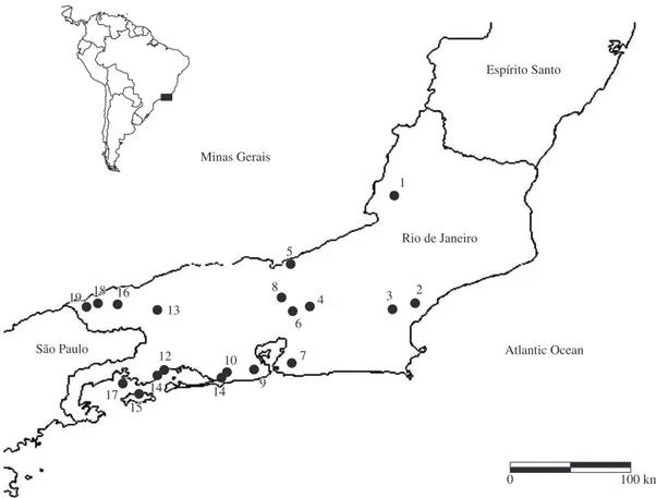 Figure 1. Localities in Rio de Janeiro State where Vampyressa pusilla was recorded - (1) Fazenda Prosperidade, Miracema; 
