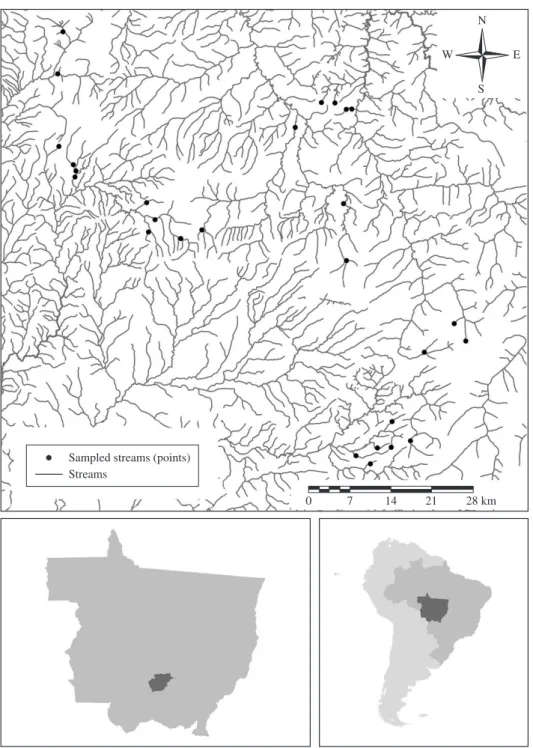 Figure 1. Localization of streams sampled in the Rio Cuiabá Basin, State of Mato Grosso, Brazil.