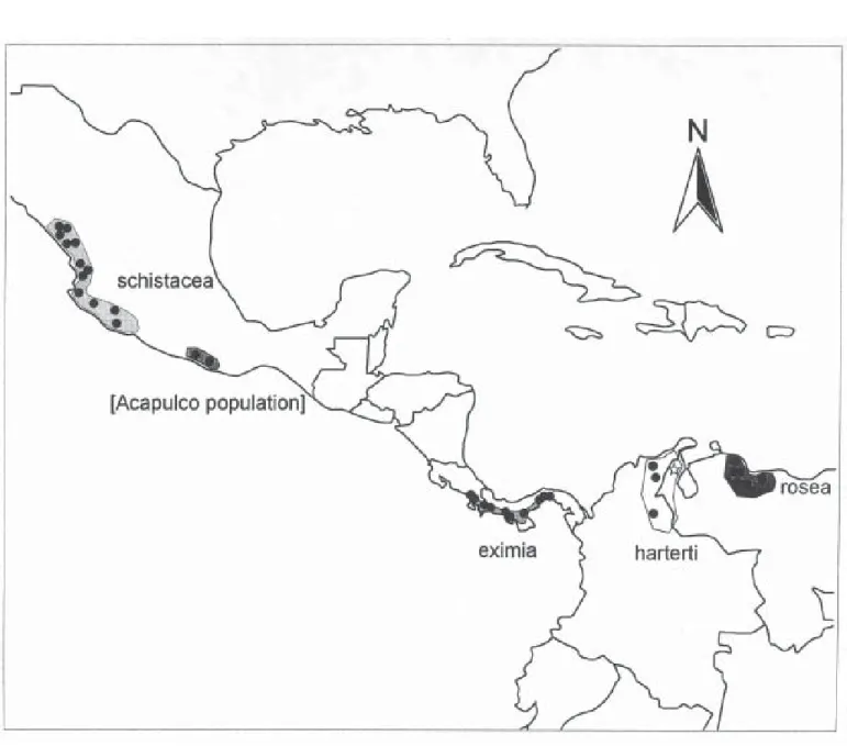 Figure 1. Distribution of populations of Rhodinocichla, showing the geographic units used for statistical analysis