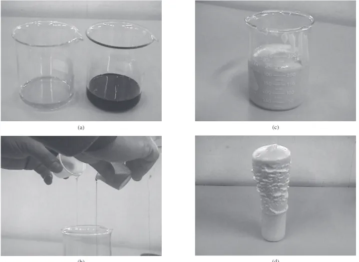 Figure 3. Sages of polyurethane synthesis: a) polyol and pre-polymer; b) during mixing; c) beginnining of foam formation; and d) completed foam product.
