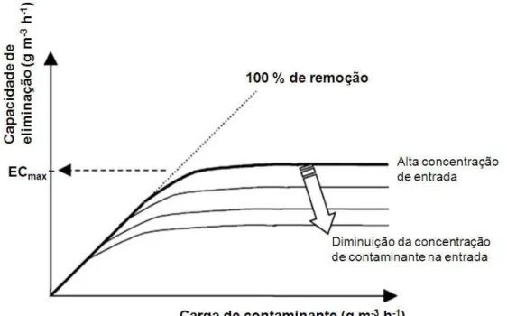 Figura 8 – Esquema de uma curva típica de capacidade de eliminação versus carga, para  um biofiltro percolador
