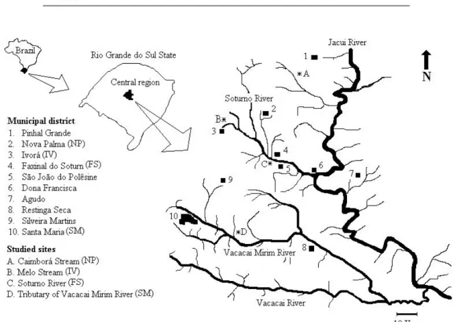 Figure 1. Central region of Rio Grande do Sul State, Brazil, with its cities (1 – 10) and the sampling locations (A – D).