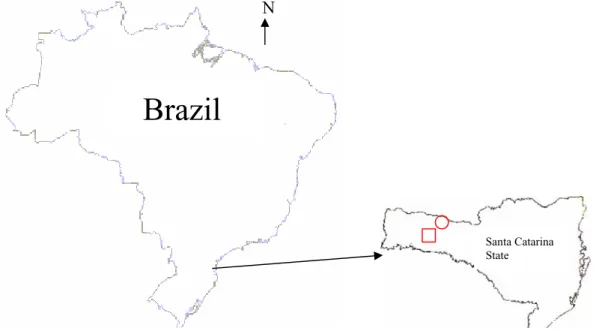 Figure 1 – Maps of Brazil and Santa Catarina State. The red circle indicates the region where mosquitoes were collected (Municipalities of Ipuaçu and São Domingos) and the red square indicates the closer big city (Chapecó).