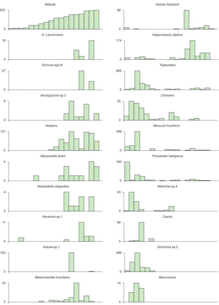 Figure 4. Distribution of the major indicative aquatic insect taxa for rhithral and potamal fauna in the altitudinal gradient of Mambucaba River basin, Serra  da Bocaina National Park, SP-RJ.