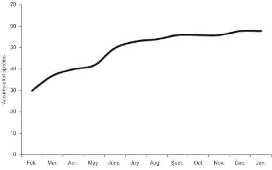 Figure 2. Number of accumulated species related to the number of trawls performed monthly in São Cristovão in the years 2010 to 2011.