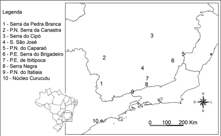 Figure 1. Location of Serra da Pedra Branca, Caldas, MG and other areas used in analysis of similarity.