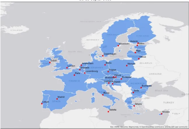 Fig. 2. Map showing EU 28 with their respective capital cities.