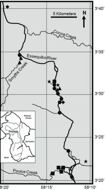 Figure  1. Map  of  Upper  Essequibo  Conservation  Concession  showing  sampling stations and their habitat