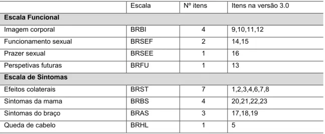 Tabela 3 - Itens/dimensões da escala QLQ-BR 23 (versão 3.0), sobre a QV com cancro da  mama 