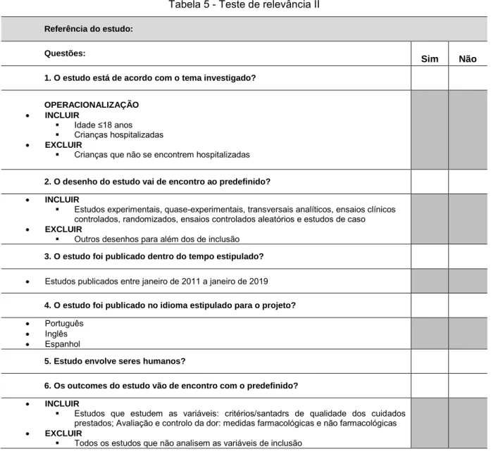 Tabela 5 - Teste de relevância II  Referência do estudo:  Questões:  S Sim  NNão  1. O estudo está de acordo com o tema investigado? 