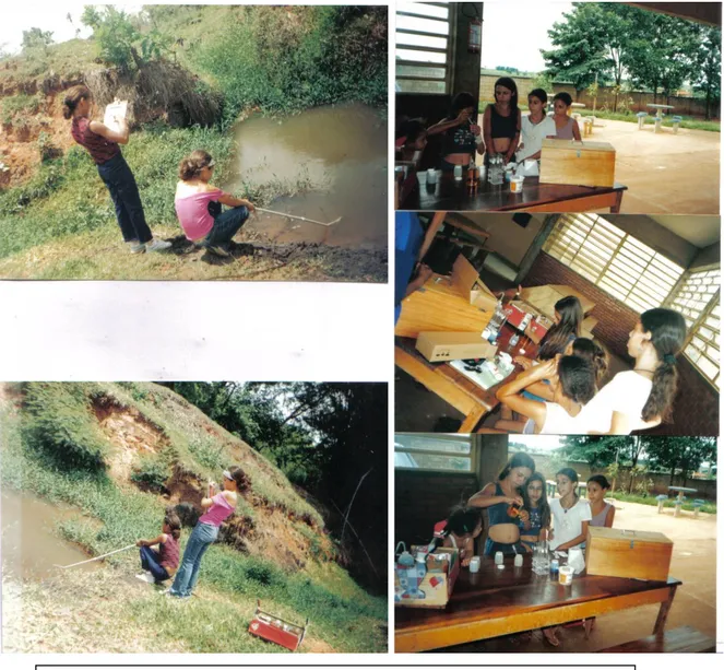 Figura 10 –   Alunos em atividade de coleta e analise de água de córregos do Distrito de Baguaçu  – Olímpia – SP., para pesquisa do trabalho de especialização