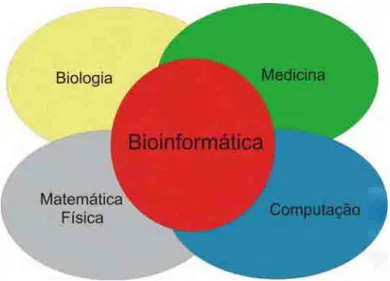 Figura 3. Interação das áreas que têm contribuído para a formação e o desenvolvimento da bioinformática (BAYAT, 2002)