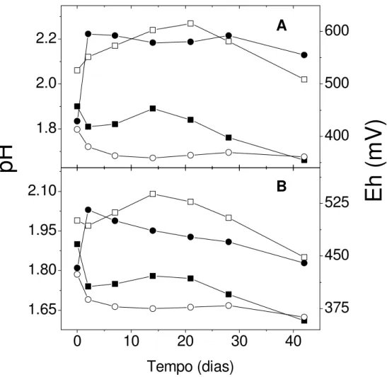Figura 9: Variação do pH (■) e do potencial de óxido-redução (●) no experimento de  biolixiviação em frascos na presença do A