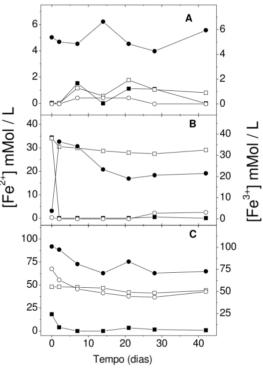 Figura 10: Variação da concentração de Fe 2+ (■) e Fe 3+ (●) no experimento de biolixiviação em  frascos na presença do A