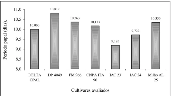 Figura 9. Duração do período da fase pupal (dias) de Spodoptera frugiperda alimentada  com folhas de milho (AL 25) e dos cultivares de algodão DELTAOPAL, DP  4049, FM 966, CNPA ITA 90, IAC 23 e IAC 24, durante o período larval