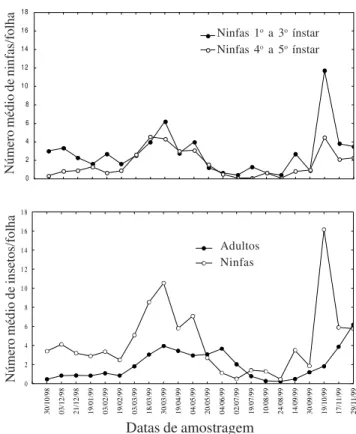 Figura 2. Flutuação populacional de ninfas e adultos de L. heveae em seringueira. Pindorama, SP – 1998 / 99.
