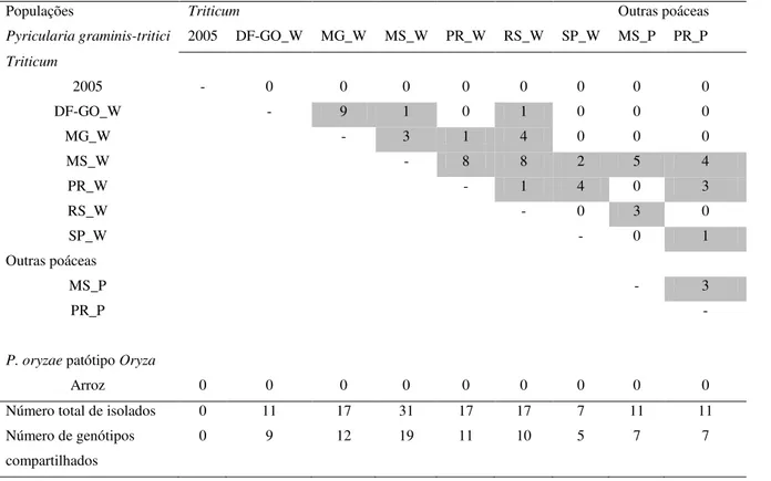 Tabela 3. Número de genótipos multiloci microssatélites compartilhados entre populações de  Pyricularia graminis-tritici do trigo e de outras espécies de poáceas e de P