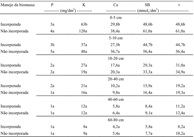 TABELA 6. Resultados  da  análise  química  do  solo  em  diferentes  profundidades,  em  função  das  formas  de manejo da biomassa, na segunda avaliação (120 dias após o manejo) 1 .