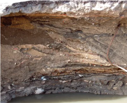 Figura  4  –  Aspecto  geral  dos  trabalhos  arqueológicos realizados na p1. Observação  da  sequência  estratigráfica  e  recolha  de  materiais arqueológicos.