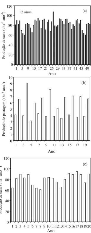 FIG. 3. Resultados da simulação para a produção pri- pri-mária líquida para (a) cana-de-açúcar 12 e 50 anos, (b) pastagem por 20 anos, (c)  cana-de-açúcar para 20 anos.