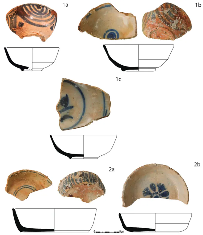 Fig. 3 : Bols et plats tronconiques en faïence blanche et décor bleu (clichés, dessins et vectorisations : G