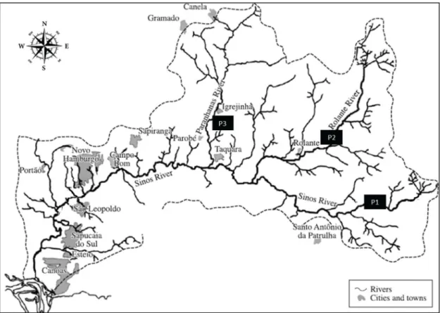 Figure 1.  Location of the sampling sites (P1, P2 and P3), in the study area of the Sinos River basin, Southern Brazil, Rio  Grande do Sul.