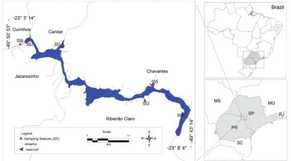 Figure 1. Reservoir and sampling stations (SS1: Santo Antonio Stream; SS2: downstream of the Ourinhos Reservoir dam; 