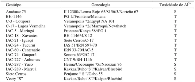TABELA 1. Genealogia e tipo de reação à toxicidade de alumínio 1  dos  genótipos de trigo utilizados nos cruzamentos.