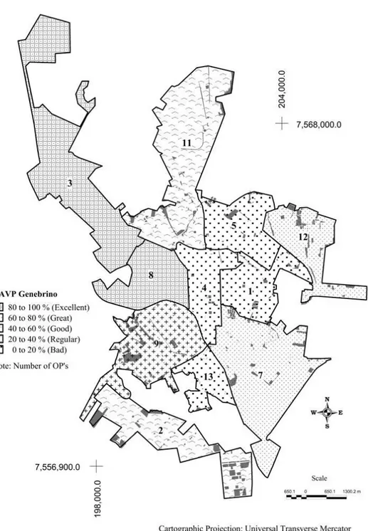 Figure 2.  Urban environmental quality , as the Genebrino method PGAI (Public Green Area Index) for the Administrative  Regions of São Carlos.