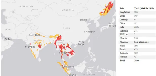 Figura  5  Distribuição  geográfica  das  populações  existentes  em  meio  selvagem.  A  amarelo  estão  representadas  as  áreas  onde  atualmente  se encontram  tigres  e  a  vermelhos  a as  áreas onde  estes  estão possivelmente extintos