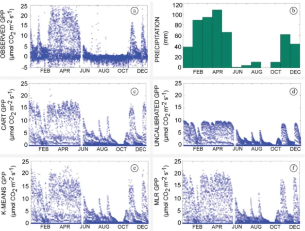 Figure 4.  Data    from  2011  -  resolution  of  1  hour:  (a)  Observed  GPP;  (b)  Observed  precipitation;  (c)  CART  GPP; 