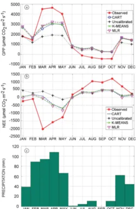 Figure 6. Data from 2011 - resolution of 1 hour: (a) observed NEE; (b) PRECIPITATION; (c) UNCALIBRATED NEE; 